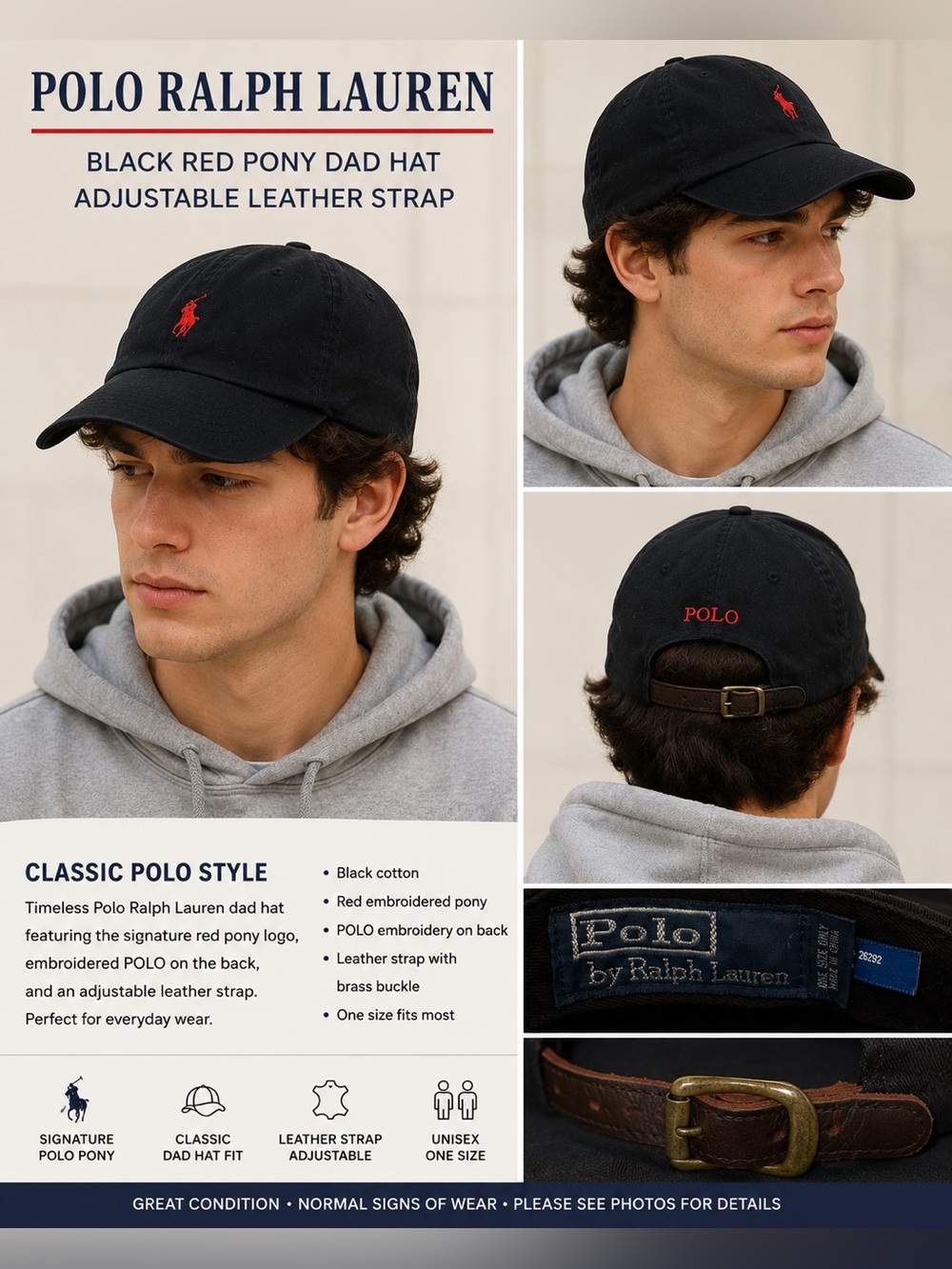 Polo Ralph Lauren Black Red Pony Leather Strap Dad Hat Baseball Cap Adjustable